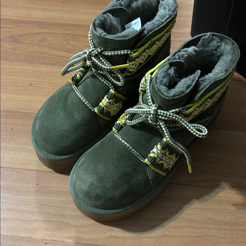 UGG Kids Green Boots with Yellow Highlights